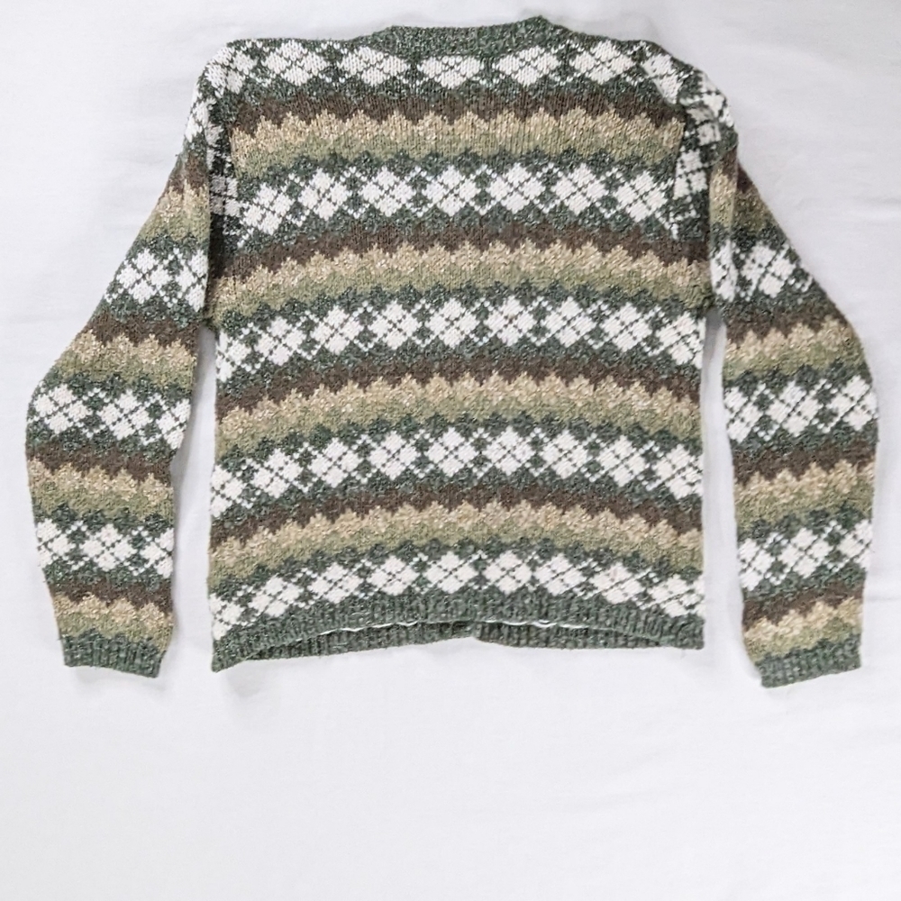 VTG Green Brown Wool Chunky Knit Argyle Button Up Cardigan Sweater Academia - Picture 4 of 7